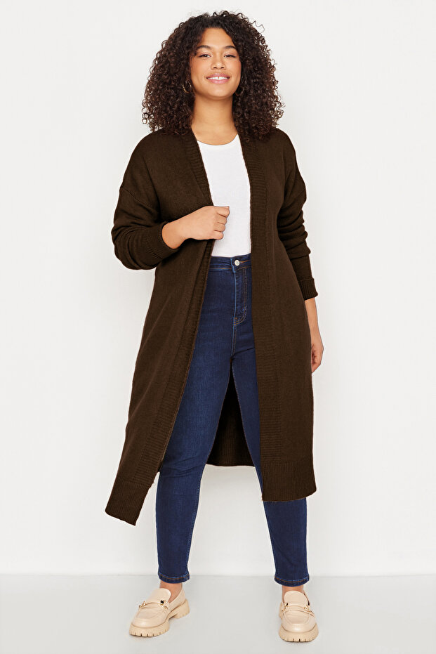 Kahverengi Oversize/Bol Kesim Triko Hırka TBBAW23AV00017 - 4