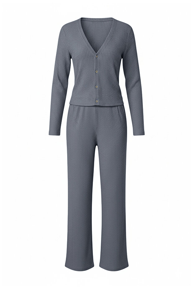 Mavi Pamuklu Hırka Fırçalı Yumuşak Tuşe Kışlık Fitilli Örme Pijama Takımı THMAW26PT00216 - 2