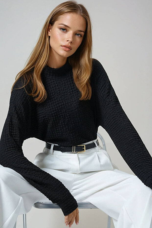 Black Stand Collar Bat Sleeve Wrap Blouse Alc-X14674