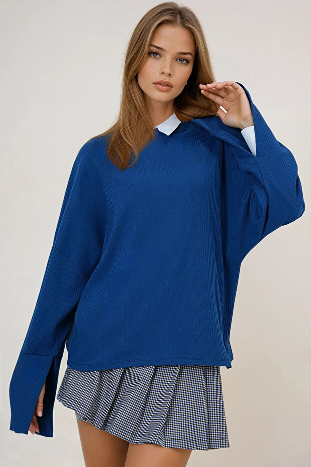Cobalt Blue High Collar Batwing Sleeve Cuff Slit Wide Cut Blouse Alc-X14434