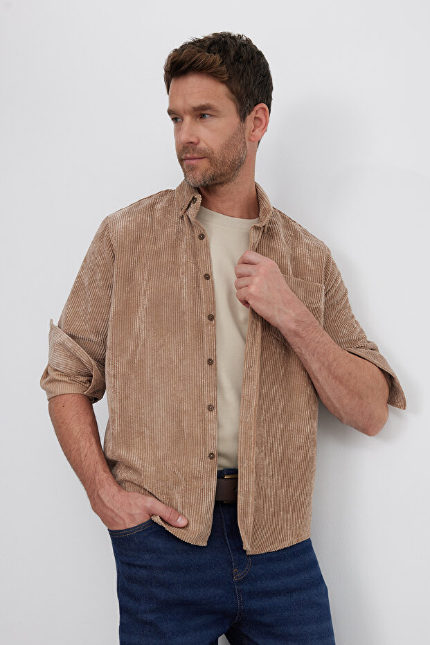 Men's Regular Fit Comfortable Cut Corduroy Look Buttoned Collar Pocketed Light Brown Jacket Shirt
