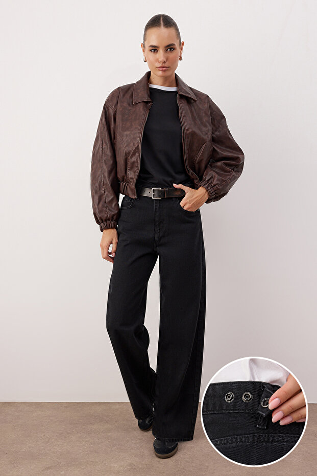 Siyah Beli Ayarlı Yüksek Bel Wide Leg/Geniş Paça Jeans TWOAW26JE00265 - 1