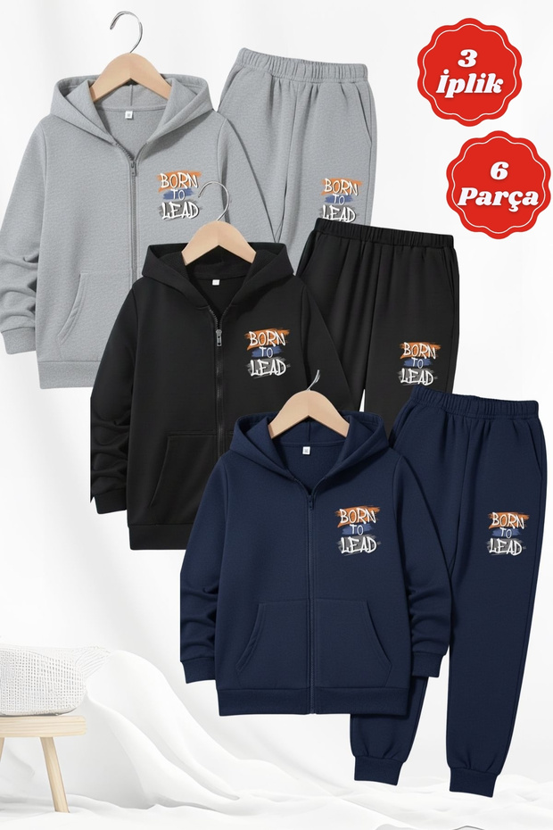 3 Thread Thick Winter Born to Lead B Printed Zippered K Hooded 6-Piece Boys' Tracksuit Set