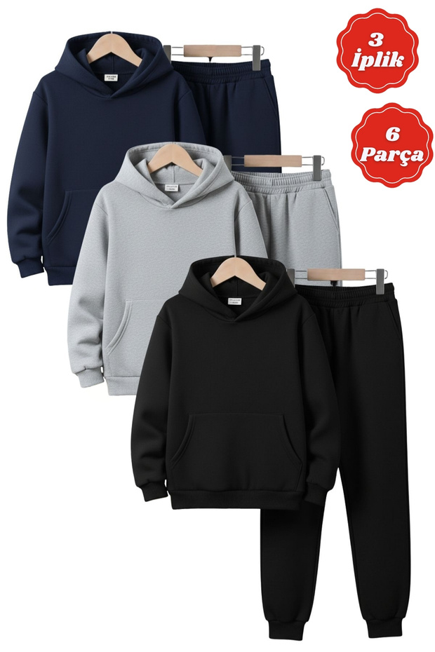 3 İplik Ş Fleece-Lined Winter Kangaroo Pocket K Hooded 6-Piece Boys' Tracksuit Set