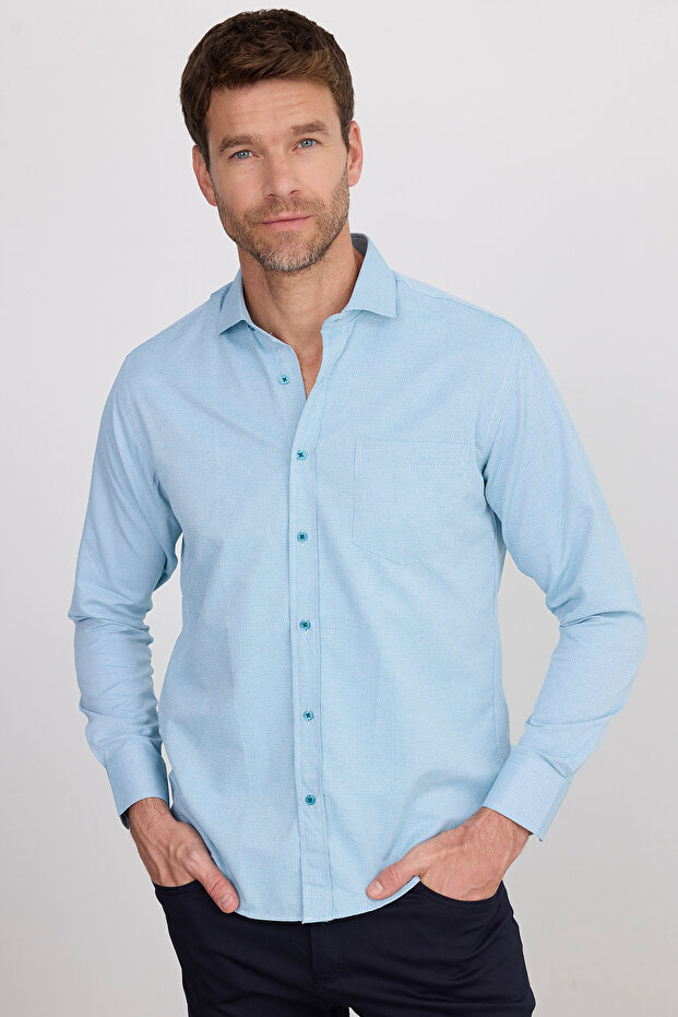 Men's Classic Fit Long Sleeve Cotton Easy-Iron Dobby Green Shirt