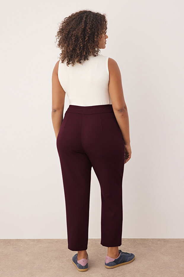 Mürdüm Beli Ayarlanabilir Kemerli Dokuma Büyük Beden Kumaş Pantolon TBBAW23AR00014 - 4