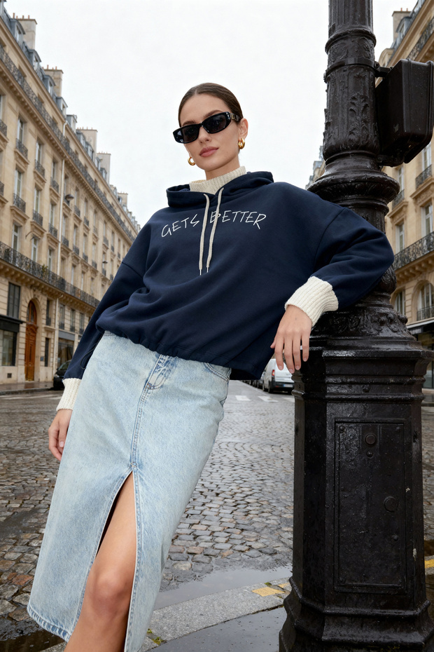 Lacivert Kalın İçi Polarlı Triko Bant Detaylı Kapüşonlu Örme Sweatshirt TWOAW22SW1806 - 2