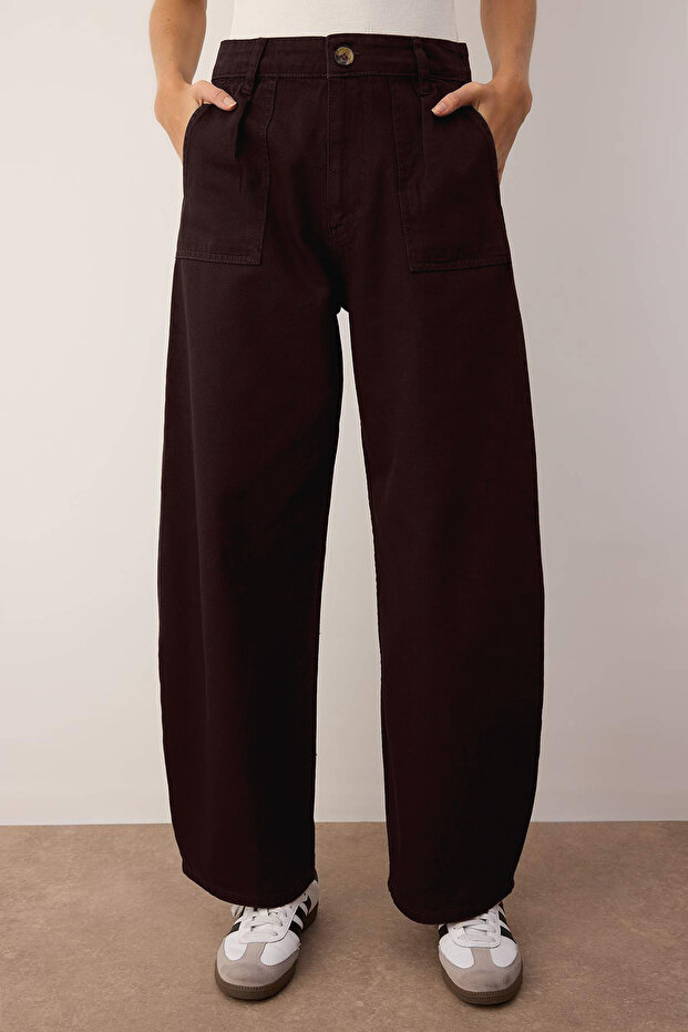 Bordo Barrel Kalıp %100 Pamuk Gabardin Pantolon TWOAW26PL00084 - 3