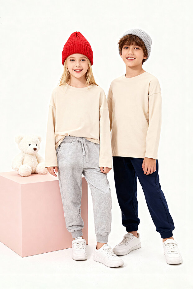 Lacivert-Açık Gri 2'li Beli Lastikli Jogger Düz/Basic Okul Unisex Çocuk Eşofman Altı TKDAW25EA00000 - 1