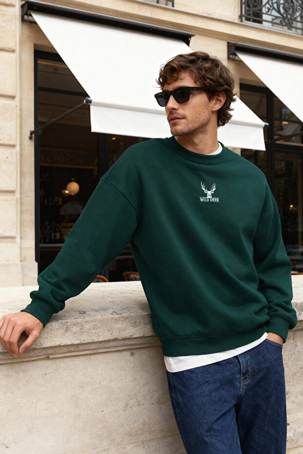 Yeşil Oversize/Geniş Kesim Bisiklet Yaka Uzun Kol Hayvan Nakışlı Sweatshirt TMNAW24SW00169 - 1