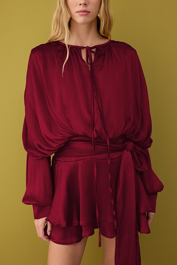 Bordo Bağlama Detaylı Boho Dokuma Saten Mini İçi Şortlu Elbise TPRAW26EL00039 - 3
