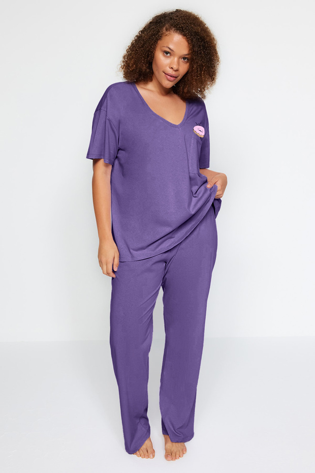 Mor Baskılı Cep Detaylı Örme Pijama Takımı TBBAW24AI00004 - 4
