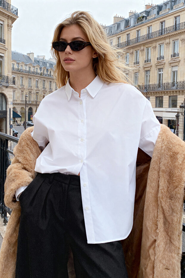 Ekru Pamuklu Oversize Geniş Kalıp Dokuma Gömlek TWOSS22GO0669 - 1
