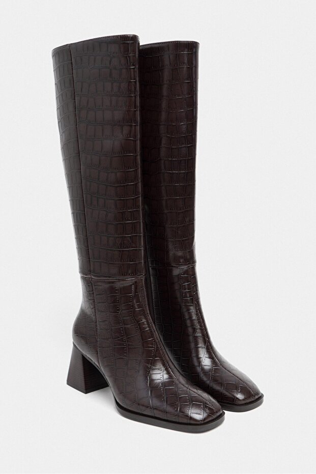 Roger Coffee mintás tompa orrú női vastag sarkú csizma - 4