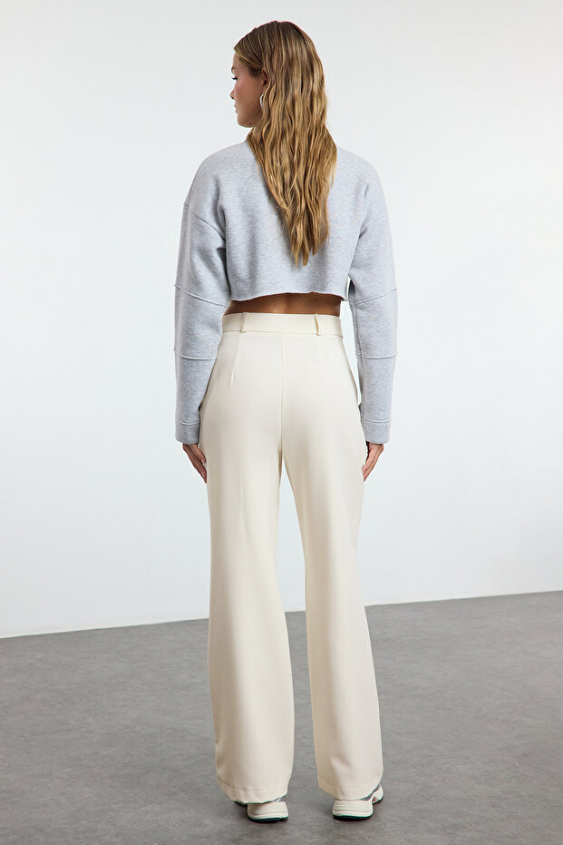 Ekru Yüksek Bel Wide Leg/Geniş Paça Pilili Dokuma Kumaş Pantolon TWOAW21PL0076 - 11