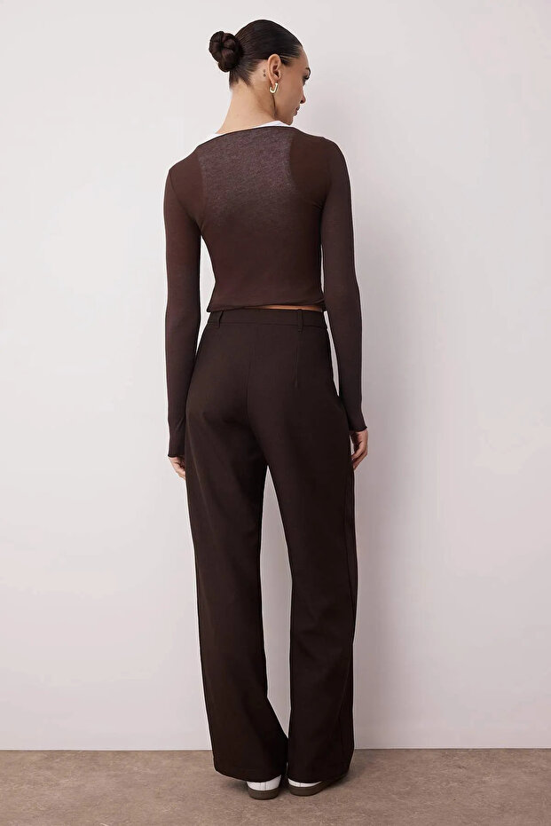 Koyu Kahverengi Wide Leg/Geniş Paça Palazzo Pilili Dokuma Kumaş Pantolon TWOAW22PL0475 - 6