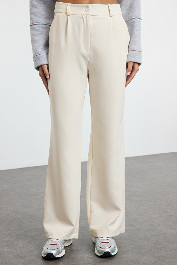 Ekru Yüksek Bel Wide Leg/Geniş Paça Pilili Dokuma Kumaş Pantolon TWOAW21PL0076 - 9