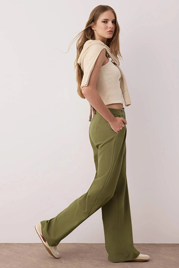 Açık Haki Pilili Wide Leg/Geniş Paça Pantolon TWOAW25PL00109 Palazzo - 2