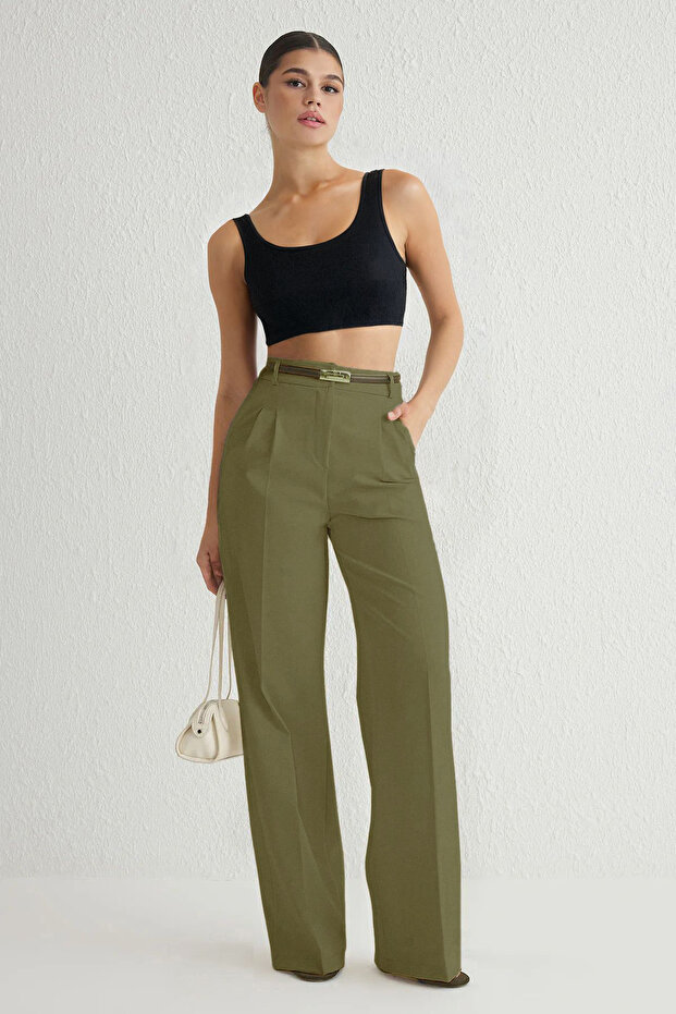 Açık Haki Pilili Wide Leg/Geniş Paça Pantolon TWOAW25PL00109 Palazzo - 3