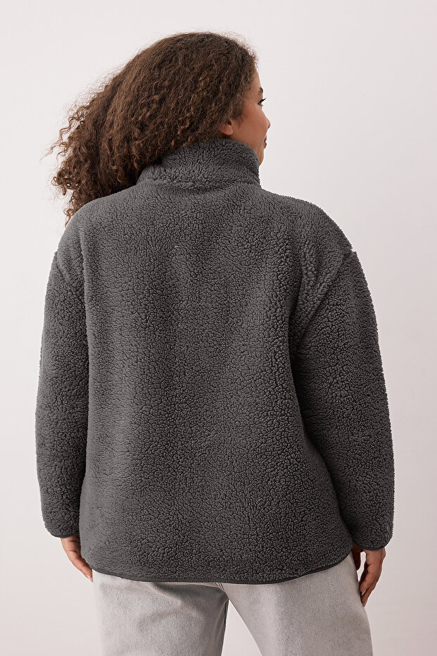 Winter Essentials Antrasit Kalın Polar Fermuarlı Dik Yaka Cepli Örme Sweatshirt TBBAW26AO00022 - 4