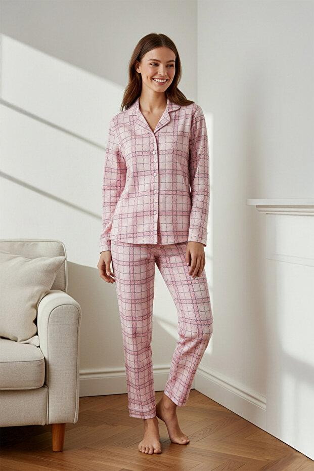 Pembe %100 Pamuklu Ekoseli Örme Pijama Takımı THMAW20PT0266 - 1