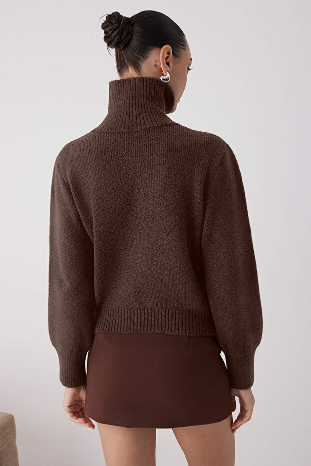 Wardrobe Essentials Kahverengi Yünlü Premium İplik Fermuarlı Basic Triko Kazak | TWOAW26KZ00071 - 4