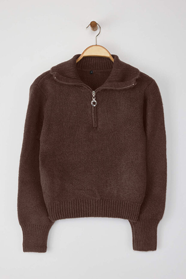 Wardrobe Essentials Kahverengi Yünlü Premium İplik Fermuarlı Basic Triko Kazak | TWOAW26KZ00071 - 5