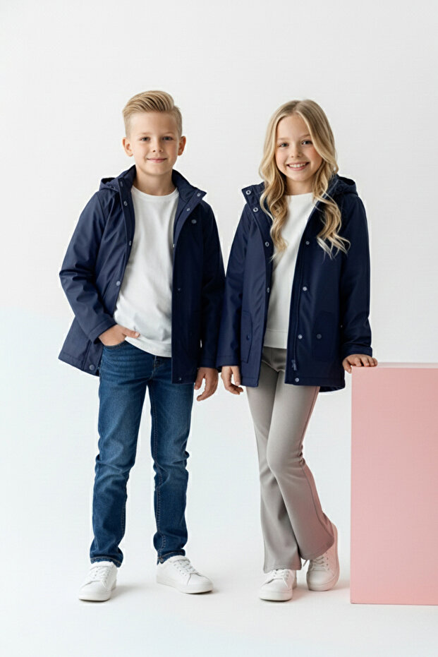 İndigo Düz/Basic Kapüşonlu Relaxed/Rahat Fit Unisex Çocuk Yağmurluk & Rüzgarlık TKDAW26YR00001 - 1