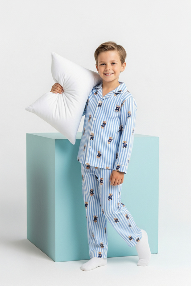 Mavi Yumuşak Dokulu Unisex Çocuk Desenli Gömlek Yaka Regular Örme Pijama Takımı TKDAW26PT00017 - 1