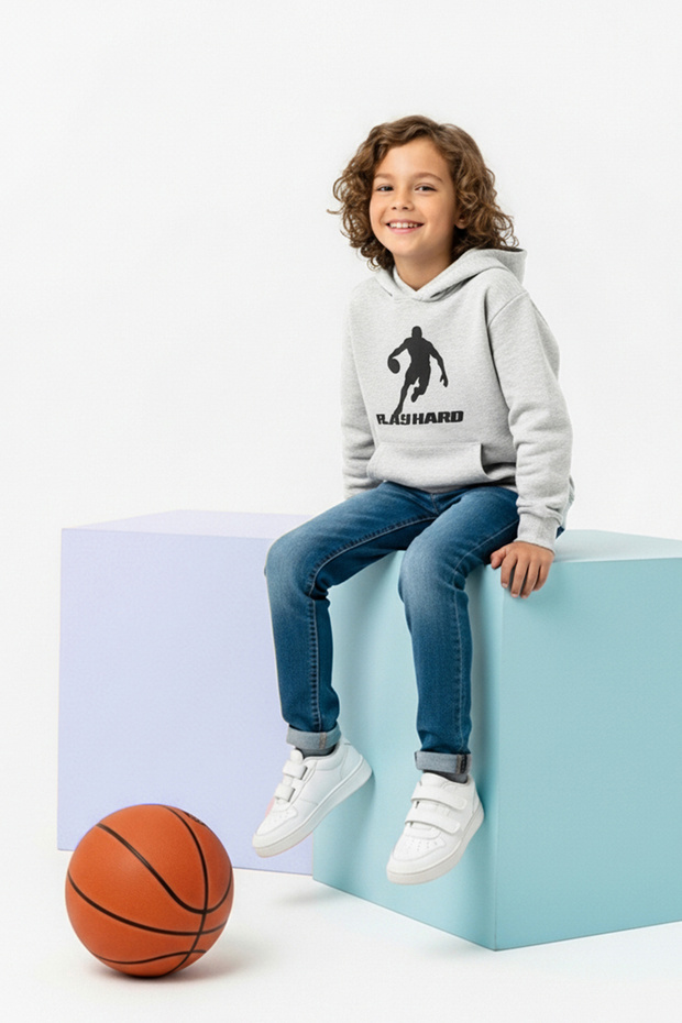 Gri Melanj Pamuklu Baskılı Kalın/İçi Polarlı Kapüşonlu Erkek Çocuk Örme Sweatshirt TKDAW26SW00033 - 1