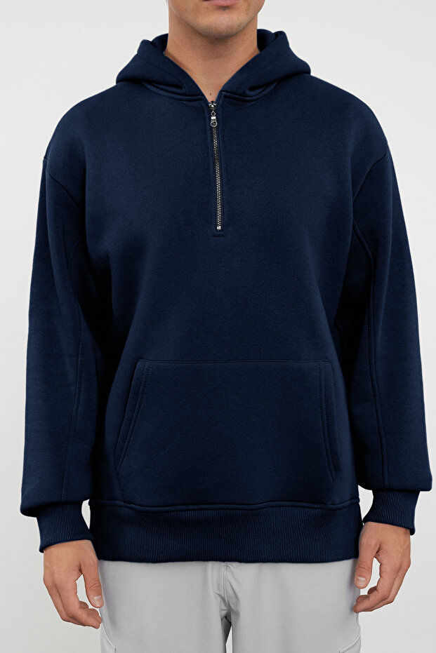 Lacivert Oversize/Geniş Kesim Fermuarlı Kapüşonlu İçi Polarlı Basic Sweatshirt TMNAW25SW00050 - 4