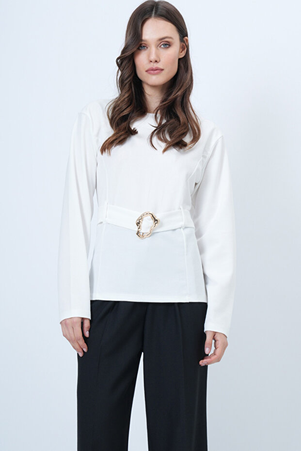 Ecru Self-Belted Blouse with Gold Accessory Detail Alc-X14699