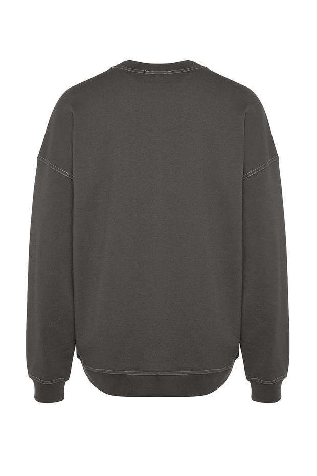 Antrasit Oversize/Geniş Kesim Kontrast Dikiş Detaylı Bisiklet Yaka Sweatshirt TMNAW24SW00011 - 8