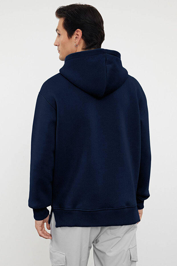 Lacivert Oversize/Geniş Kesim Fermuarlı Kapüşonlu İçi Polarlı Basic Sweatshirt TMNAW25SW00050 - 3