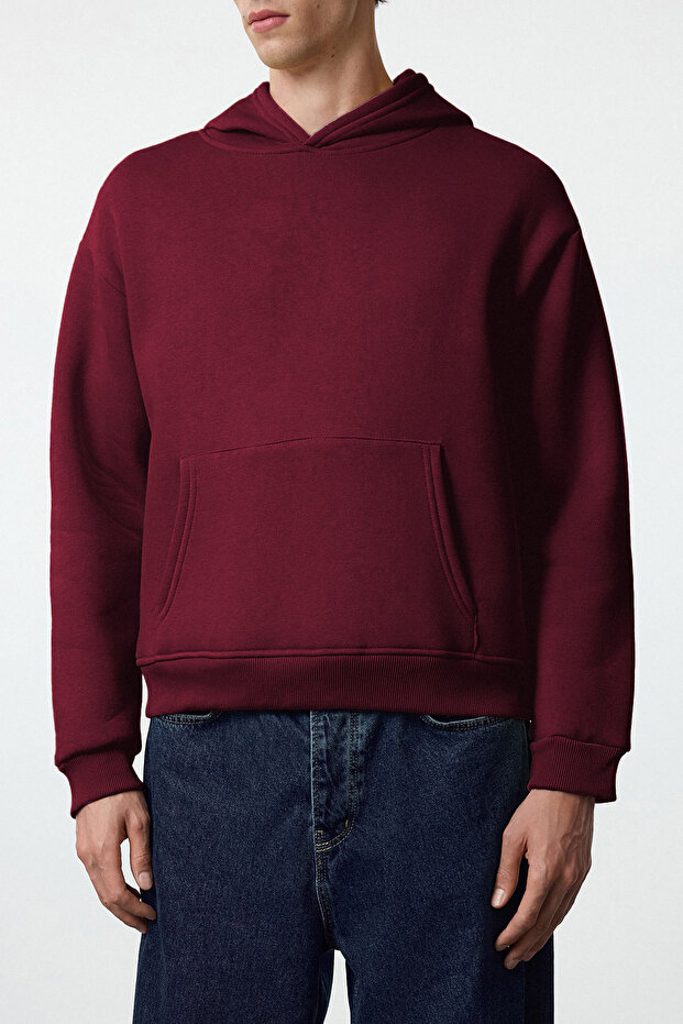 Bordo Oversize/Geniş Kesim Sırtı Nakış Detaylı Kapüşonlu Sweatshirt TMNAW25SW00142 - 5