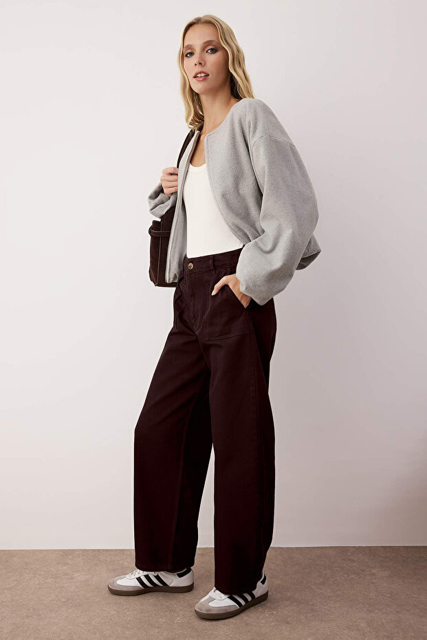 Bordo Barrel Kalıp %100 Pamuk Gabardin Pantolon TWOAW26PL00084 - 2