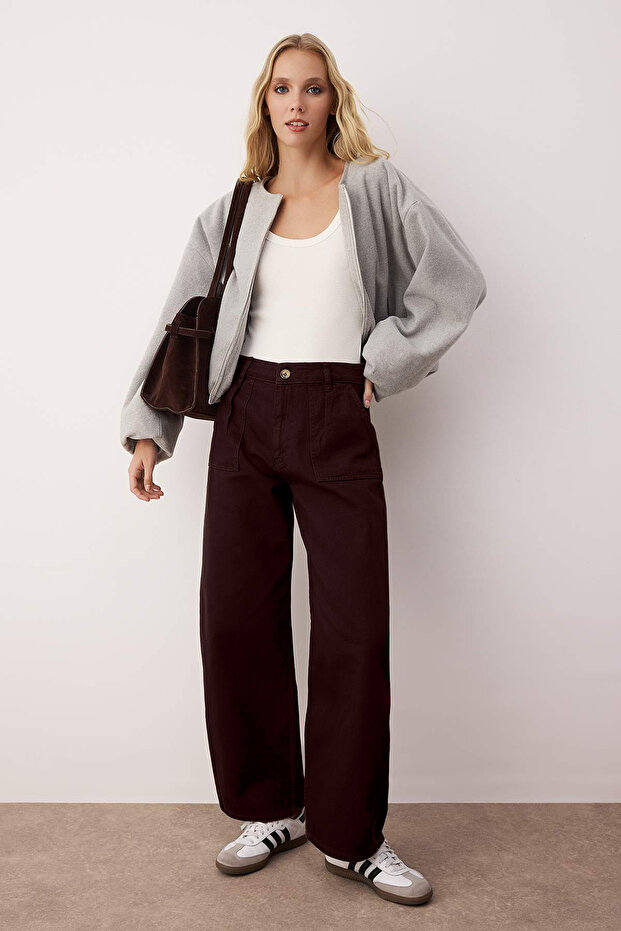 Bordo Barrel Kalıp %100 Pamuk Gabardin Pantolon TWOAW26PL00084 - 1
