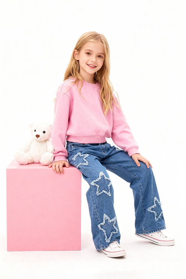 Mavi Kız Çocuk Geniş Paça Yıldız Desenli %100 Pamuk Lastikli Denim Pantolon TKDAW25PL00001 - 5