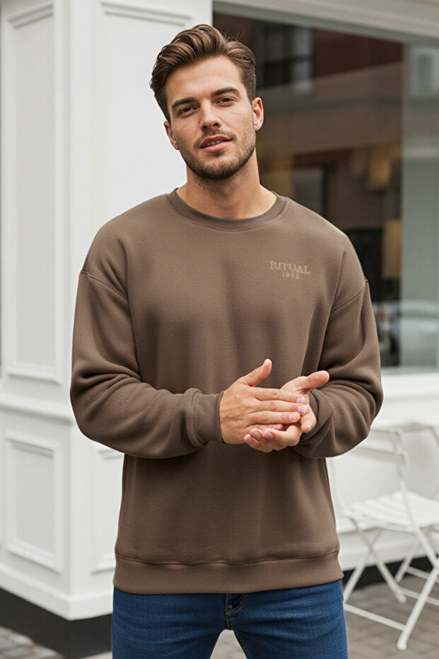 Kahverengi Regular/Normal Kesim Bisiklet Yaka Anti-pilling Polar Sweatshirt TMNAW23SW00340 - 1