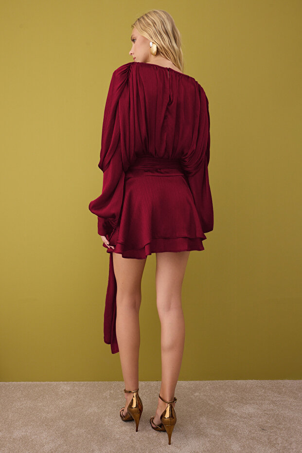 Bordo Bağlama Detaylı Boho Dokuma Saten Mini İçi Şortlu Elbise TPRAW26EL00039 - 4