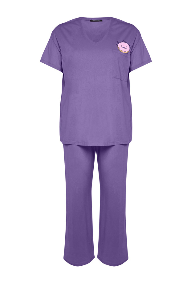 Mor Baskılı Cep Detaylı Örme Pijama Takımı TBBAW24AI00004 - 6