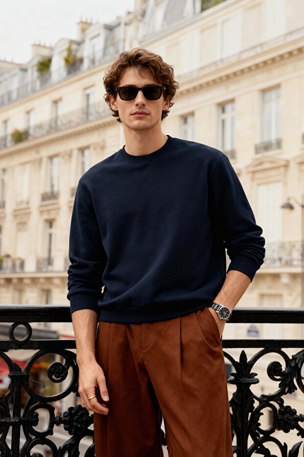 Lacivert Regular/Normal Kesim İçi Polar/Sıcak Tutan Sweatshirt TMNAW21SW1208 - 1