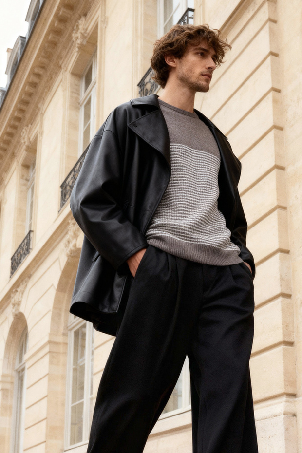 Nerzfarbener Slim-Fit-Strickpullover mit Rundhalsausschnitt TMNAW21KZ0557 - 1