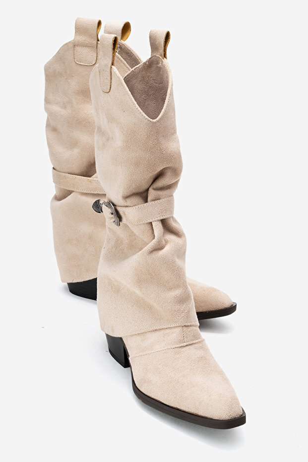 Okus Beige Suede Women's Buckle Thick Heeled Short Boots