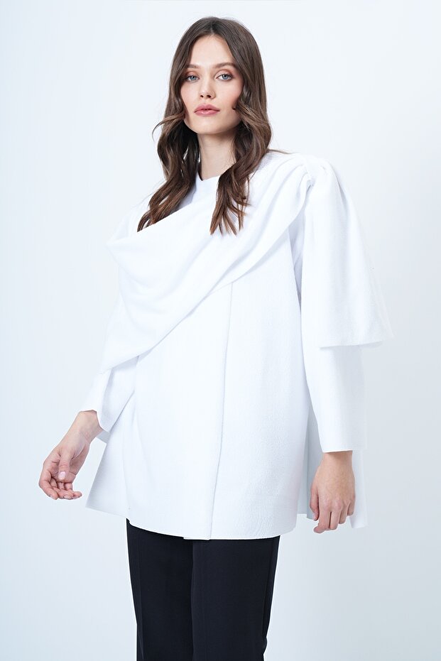 White Shawl Detailed Fleece Jacket Alc-X14683
