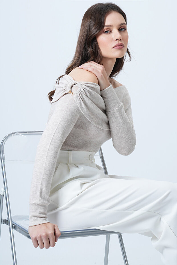 Beige Madonna Collar Shoulder Accessory Detailed Knitted Blouse Alc-X14557