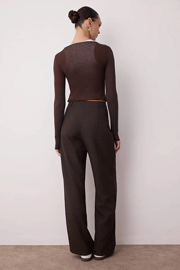 Koyu Kahverengi Wide Leg/Geniş Paça Palazzo Pilili Dokuma Kumaş Pantolon TWOAW22PL0475 - 7