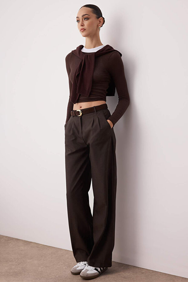 Koyu Kahverengi Wide Leg/Geniş Paça Palazzo Pilili Dokuma Kumaş Pantolon TWOAW22PL0475 - 2