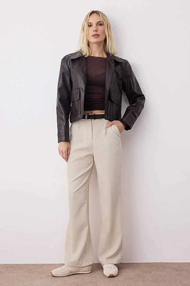 Taş Yüksek Bel Wide Leg Geniş Paça Pilili Dokuma Kumaş Pantolon TWOAW21PL0076 - 2