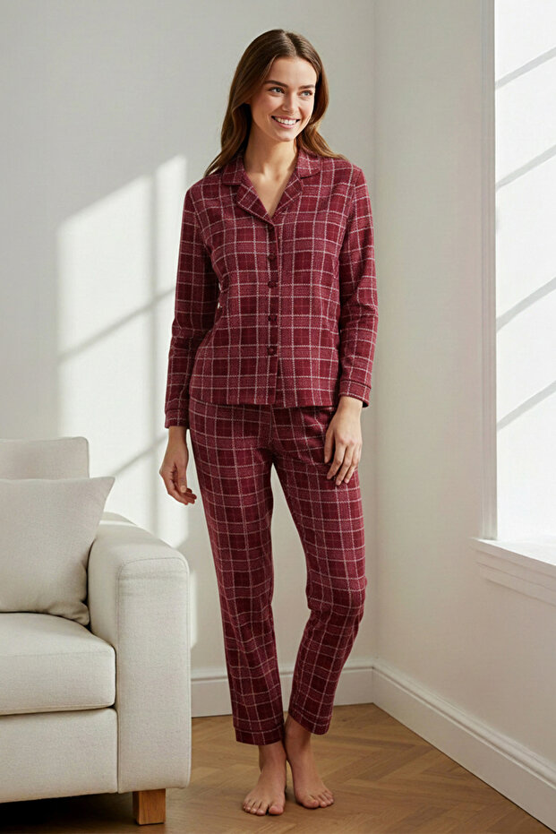Bordo %100 Pamuklu Ekoseli Örme Pijama Takımı THMAW20PT0266